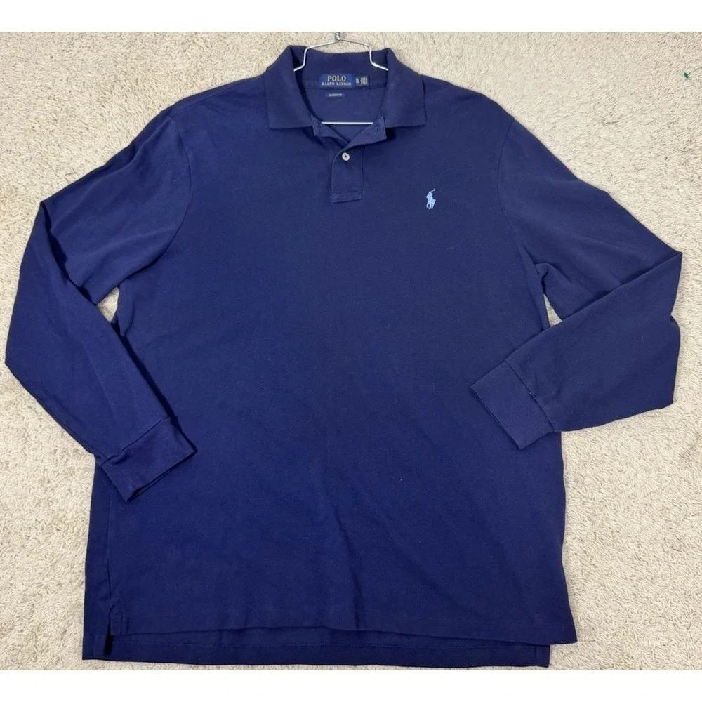 Polo Ralph Lauren Pique Knit Cotton Long Sleeve Classic Polo Shirt‎ Mens XL Blue